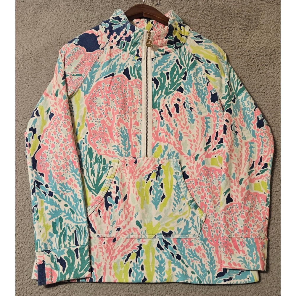 Lilly Pulitzer Skipper Popover Half Zip Sweatshirt Coral Sea Life Print Small